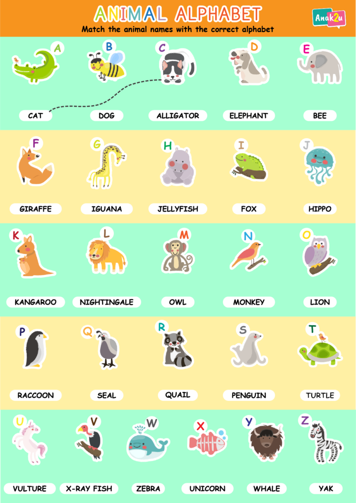 Activity : Match the animal names with the correct alphabet 👶📚👪